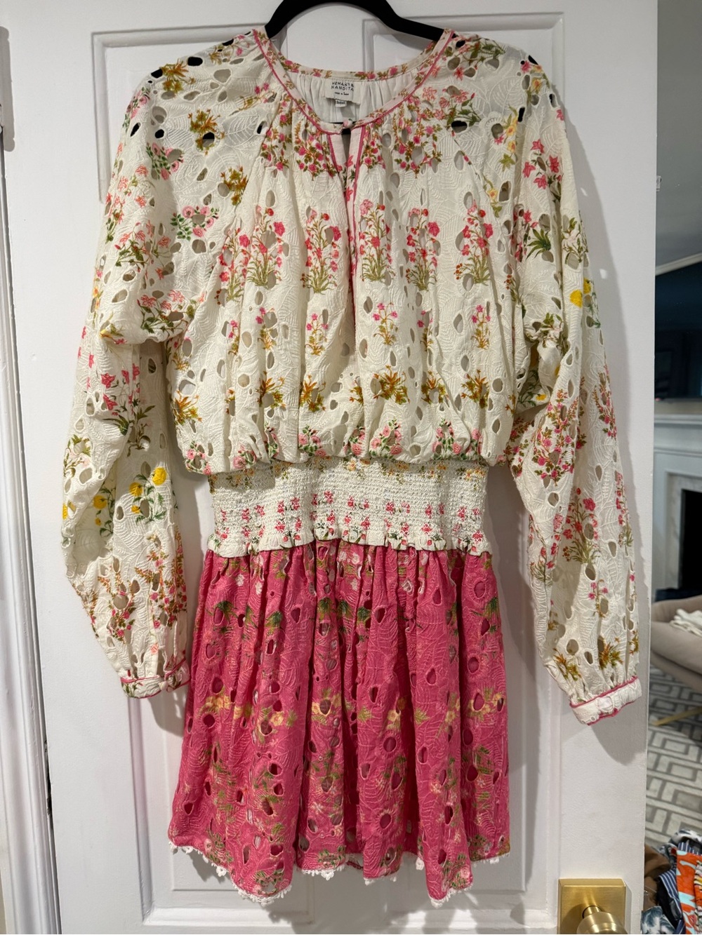 HEMANT & NANDITA White and Pink Floral Eyelet Smocked Waist Dress